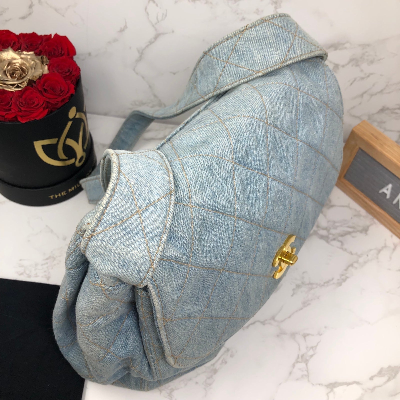 AUTHENTIC CHANEL VINTAGE blue Denim CC 24k gold plated turn lock shoulder bag