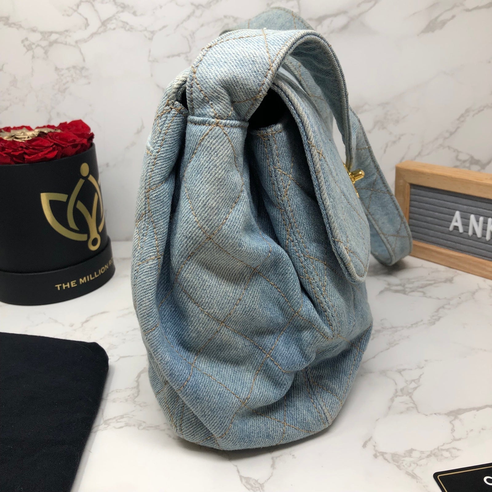 AUTHENTIC CHANEL VINTAGE blue Denim CC 24k gold plated turn lock shoulder bag