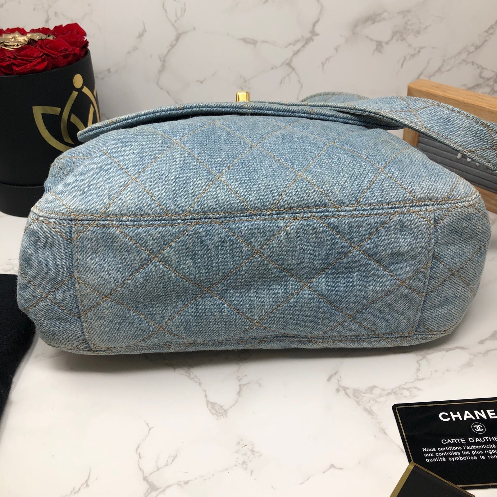 AUTHENTIC CHANEL VINTAGE blue Denim CC 24k gold plated turn lock shoulder bag
