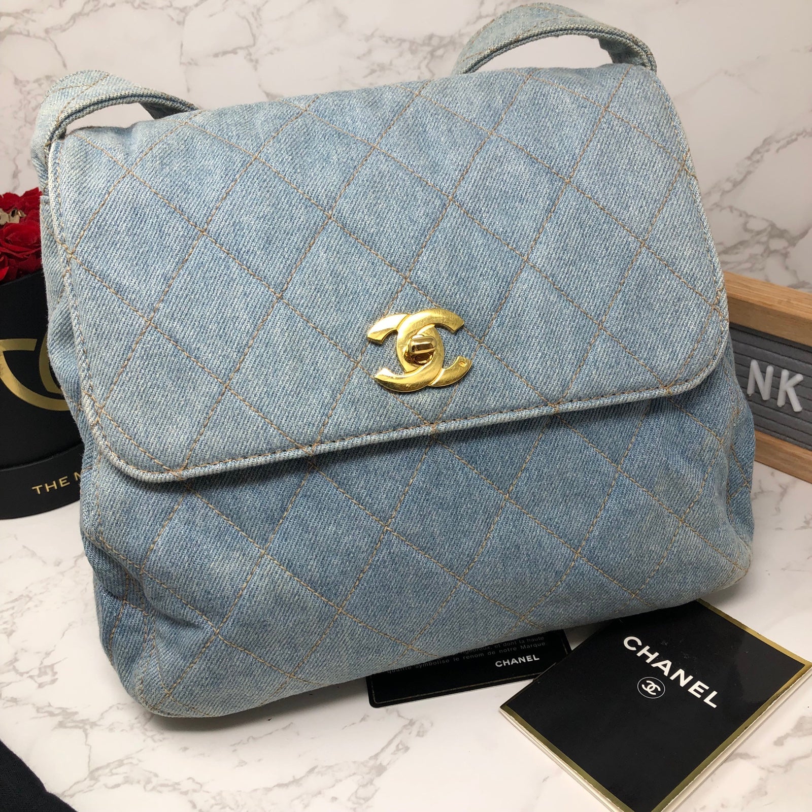 AUTHENTIC CHANEL VINTAGE blue Denim CC 24k gold plated turn lock shoulder bag
