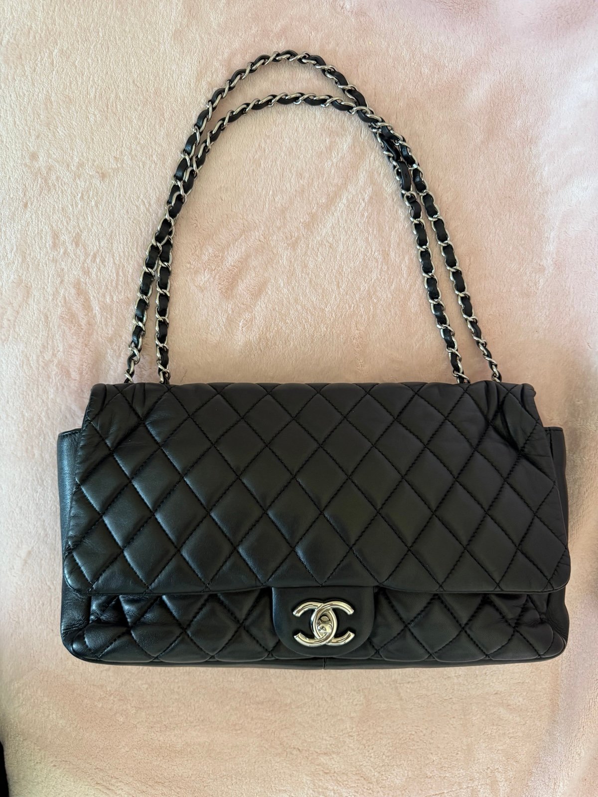 Authentic Chanel Black & Silver “Raincoat” CF Bag