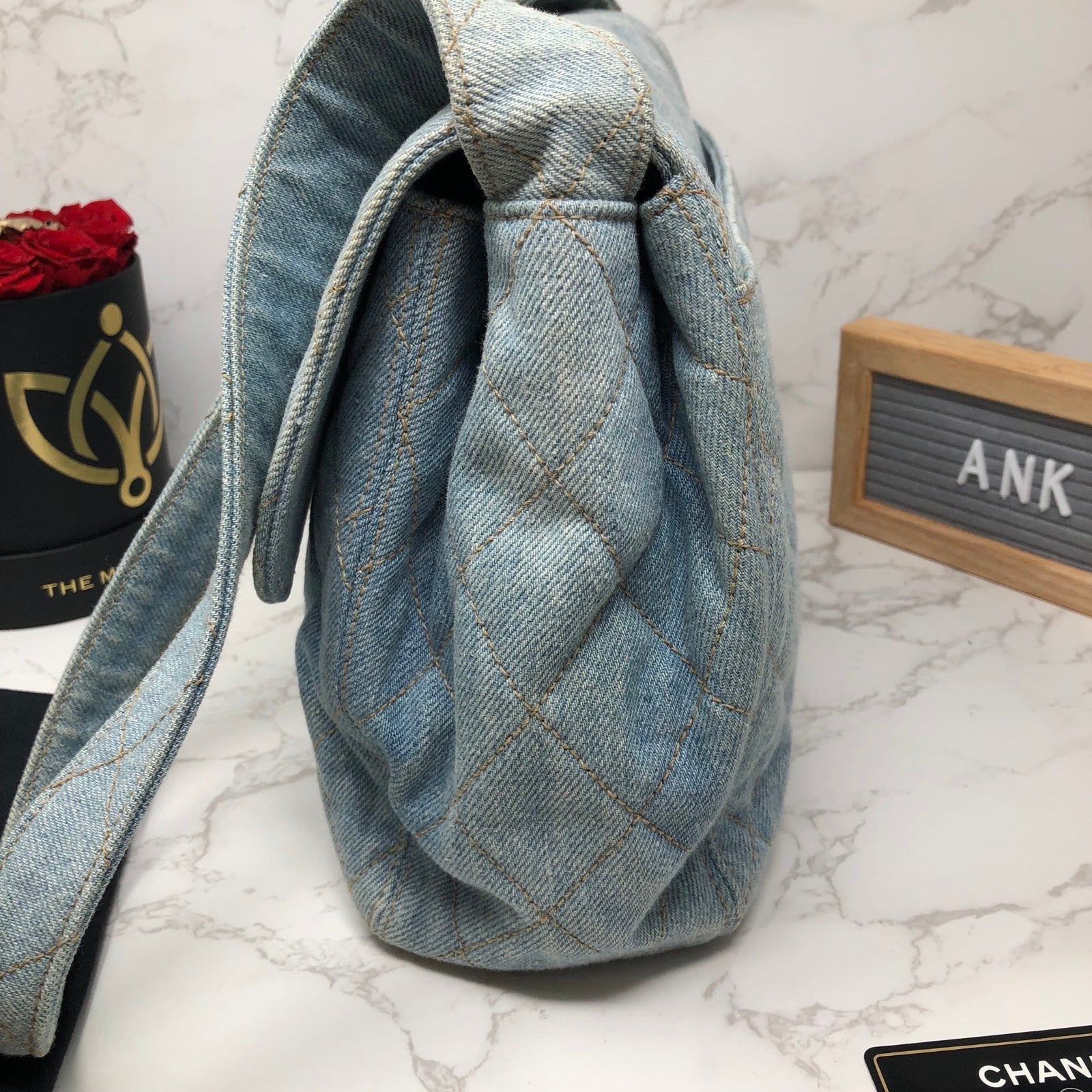AUTHENTIC CHANEL VINTAGE blue Denim CC 24k gold plated turn lock shoulder bag