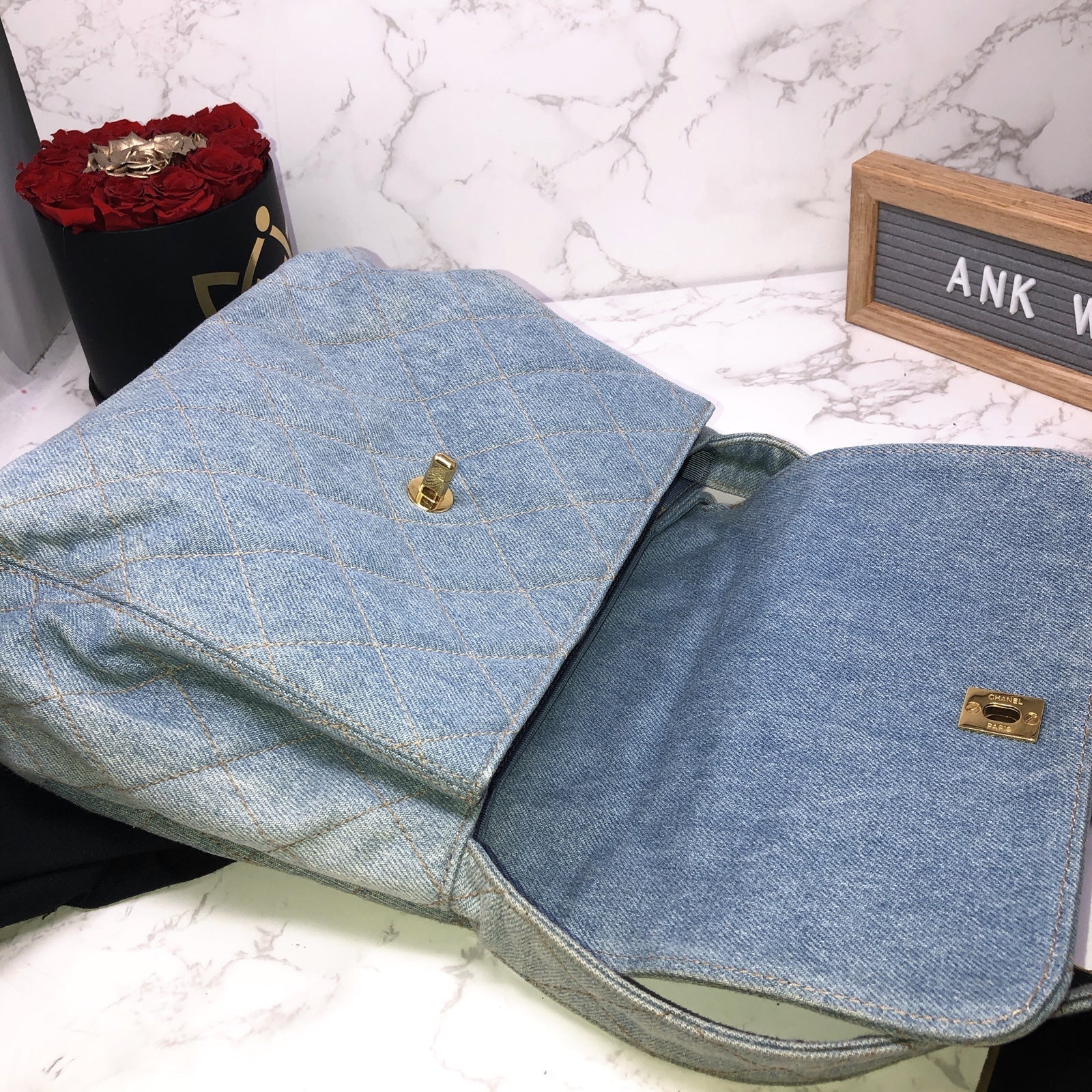 AUTHENTIC CHANEL VINTAGE blue Denim CC 24k gold plated turn lock shoulder bag