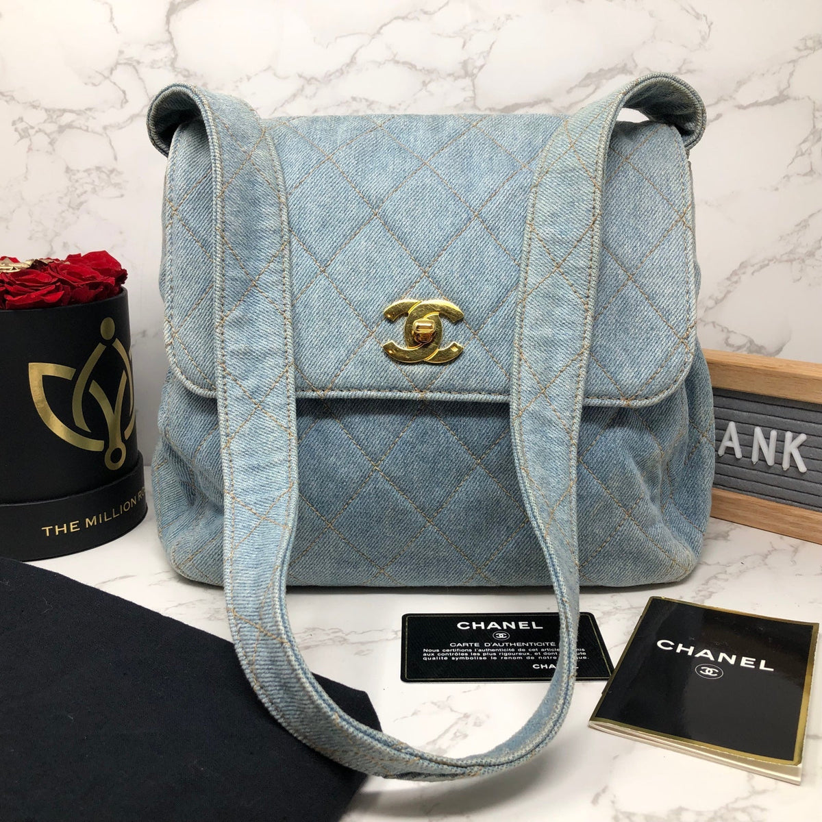 AUTHENTIC CHANEL VINTAGE blue Denim CC 24k gold plated turn lock shoulder bag
