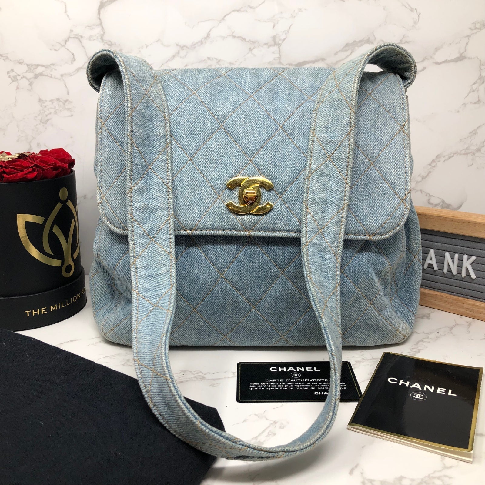 AUTHENTIC CHANEL VINTAGE blue Denim CC 24k gold plated turn lock shoulder bag